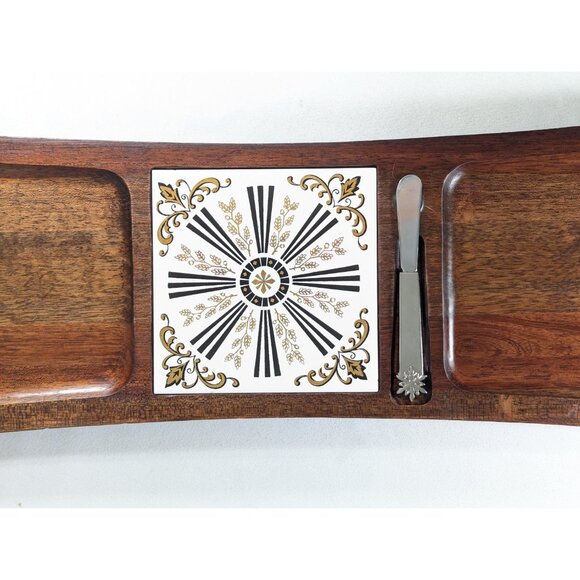 Vintage charcuterie board with inset tile, wooden cheese tray, decorative wooden - Picture 3 of 10